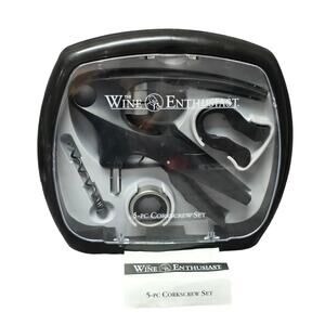 Wine Enthusiast 5 Pc Bottle Opener 2 Cork Screw Foil Cutter Drip Collar & Case